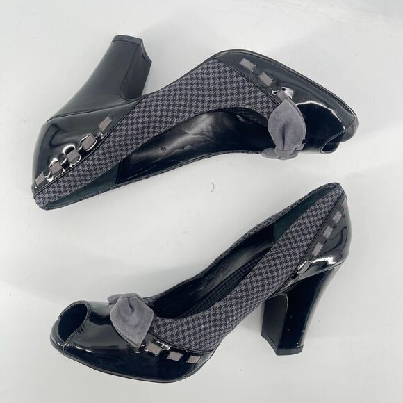 Black MUDD Chunky Heel Vintage Y2K Houndstooth Peep Toe Pumps Size 9 - Picture 6 of 14